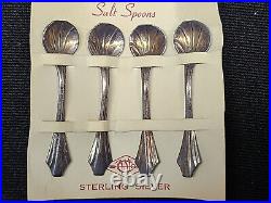 Vintage Webster Sterling and Cobalt Glass Salt Cellars with Spoons, Set of 4, NIB