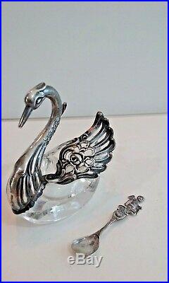 Vintage West German Sterling Silver & Cut Glass Swan Salt Cellar with Spoon