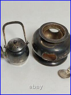 Vntg Japanese 950 Sterling Silver Salt Cellar & Pepper Shaker Set Tea Pot Patina