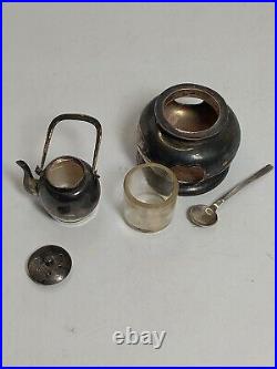 Vntg Japanese 950 Sterling Silver Salt Cellar & Pepper Shaker Set Tea Pot Patina