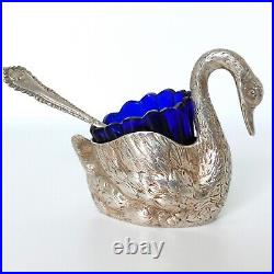 Vtg 935 Sterling Silver Swan Salt Cellar Colbalt Glass Insert Spoon Figural