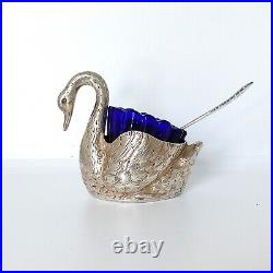 Vtg 935 Sterling Silver Swan Salt Cellar Colbalt Glass Insert Spoon Figural