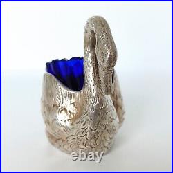 Vtg 935 Sterling Silver Swan Salt Cellar Colbalt Glass Insert Spoon Figural