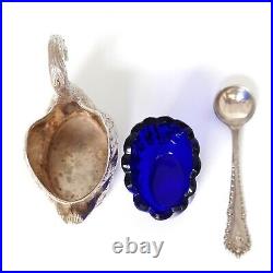 Vtg 935 Sterling Silver Swan Salt Cellar Colbalt Glass Insert Spoon Figural