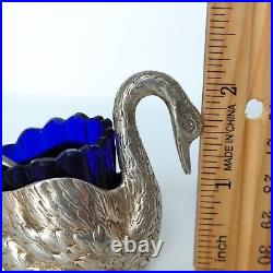 Vtg 935 Sterling Silver Swan Salt Cellar Colbalt Glass Insert Spoon Figural