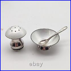 Vtg Georg Jensen ELA Sterling Silver Salt Cellar Mushroom Shaker Guilloche Spoon