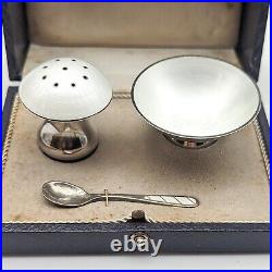 Vtg Georg Jensen ELA Sterling Silver Salt Cellar Mushroom Shaker Guilloche Spoon