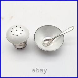 Vtg Georg Jensen ELA Sterling Silver Salt Cellar Mushroom Shaker Guilloche Spoon