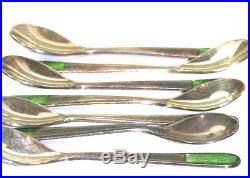 Vtg Lot Of 7 Denmark Sterling Silver Green Enamel Salt Spoons Meka