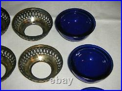 Webster 6 Sterling Silver Open Salts withCobalt Blue Glass Liners with 6 Spoons