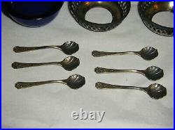 Webster 6 Sterling Silver Open Salts withCobalt Blue Glass Liners with 6 Spoons