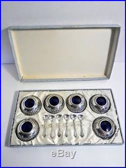 Webster Sterling Silver Cobalt Glass Salt Cellars with Sterling Spoons in Box
