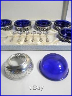 Webster Sterling Silver Cobalt Glass Salt Cellars with Sterling Spoons in Box