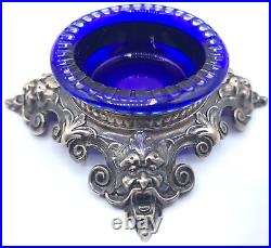 William Kerr Sterling Silver Green Man Gargoyle Mask Face Blue Glass Salt Cellar