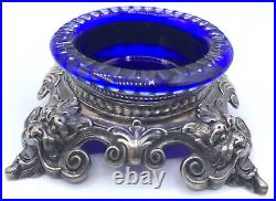 William Kerr Sterling Silver Green Man Gargoyle Mask Face Blue Glass Salt Cellar