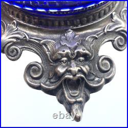 William Kerr Sterling Silver Green Man Gargoyle Mask Face Blue Glass Salt Cellar