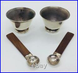 William Spratling Mexican Pair Sterling Silver Salt Cellars & Wood Spoons
